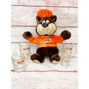 A&W ROOT BEER Vintage 1995 Great Root Bear Plush 4 Glass Mug Set 90s Heavy Duty